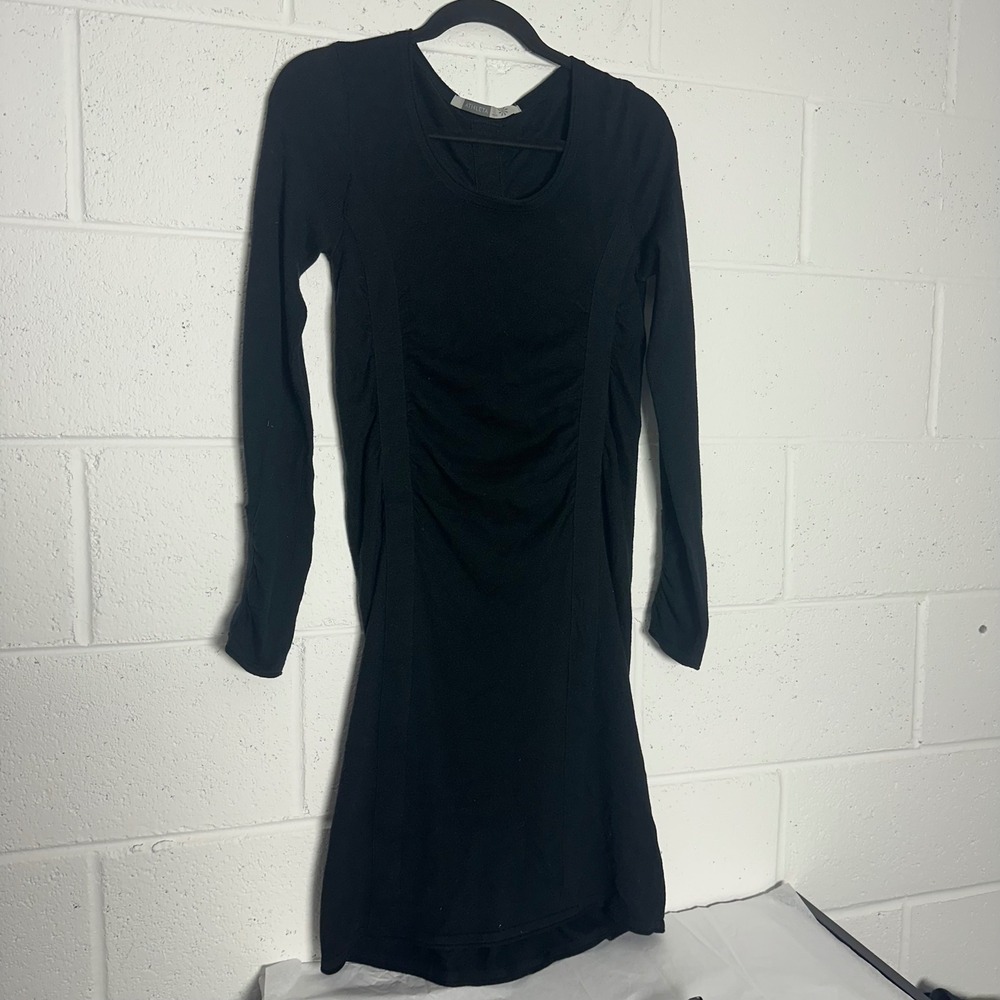 Athleta Womens Black Ruched Long Sleeve Knit Mini Dress Scoop Neck Size S
